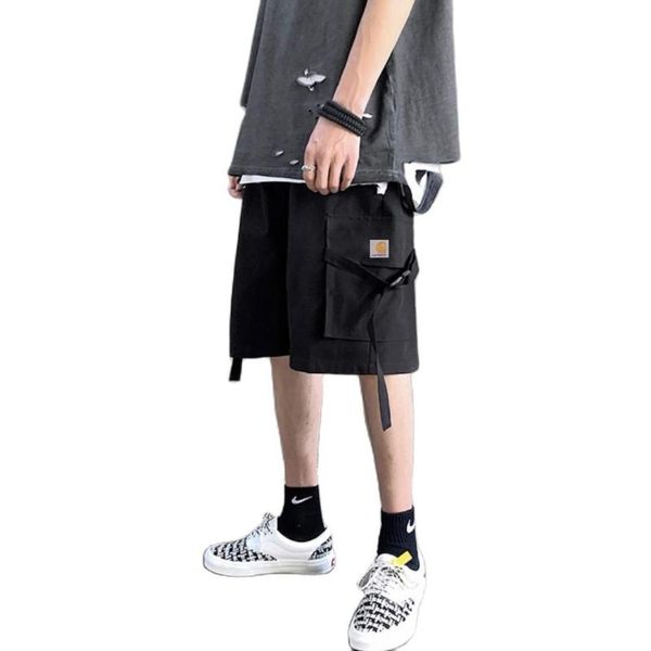 

men's shorts 2021 summer cargo shorts, loose five-quarter pants, trendy plus size mid-pants, streamer buckle, White;black
