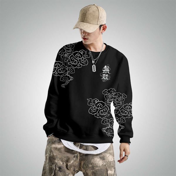 

long sleeve year's autumn winter 2020 new trend warring states period chaozhou hoodie men's hooded plush sweater, Black