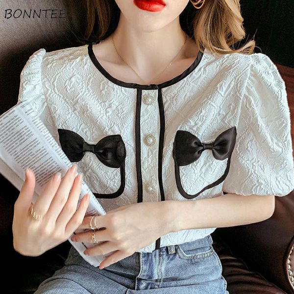 

women's blouses & shirts blouse women elegant summer bow design puff sleeve korean style crop feminine pearl button up stylish office p, White