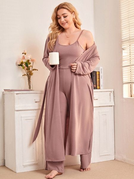 

plus belted robe & cami & pants w1im#, Black;white