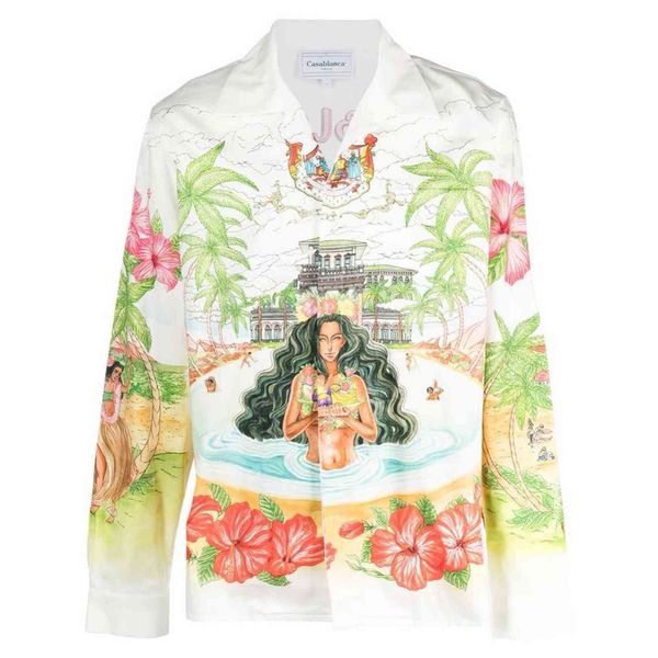 

casablanca hawaiian oasis island lazy landscape satin kamehameha king long sleeve shirt, White;black