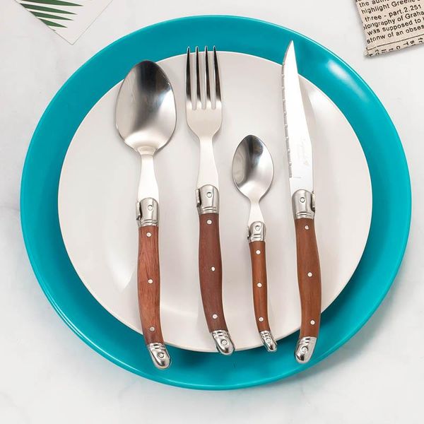 

flatware sets 4-24pcs laguiole stainless steel wood handles dinner set steak knife fork spoon teaspoon wooden cutlery party