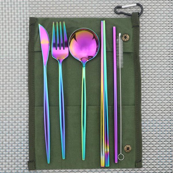 

dinnerware sets 7-piece colorful portable eco-friendly stainless steel travel cutlery set knife fork spoon chopsticks straws picnic flatware