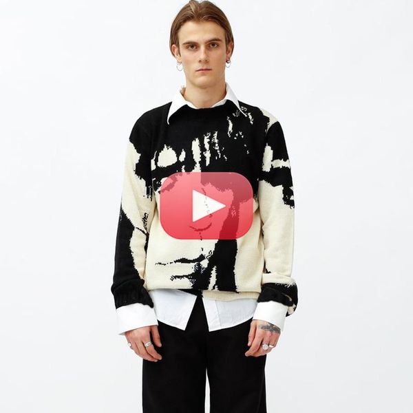 

men's sweaters mens streetwear harajuku sweater vintage retro japanese style anime portrait print knitted 2021 autumn cotton pullover, White;black
