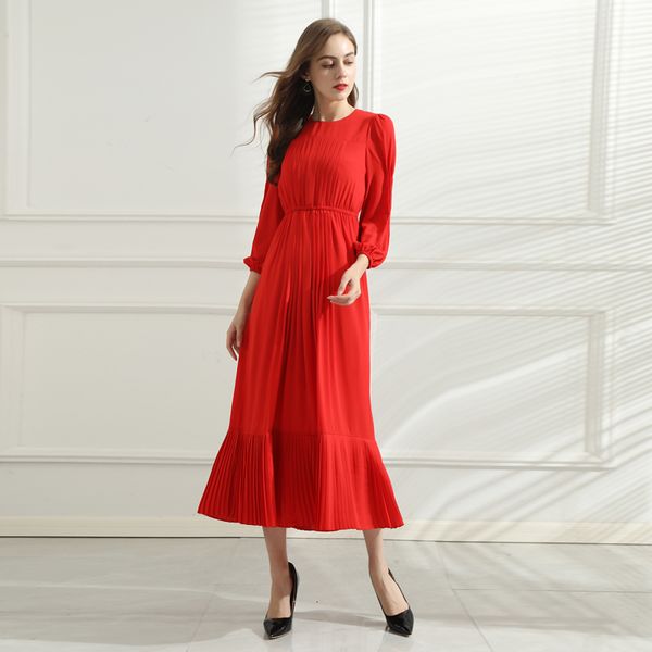 

long dress runway 2021 spring new women's vintage elegant party fashion high-quality long-sleeved pleated dresses k8s5, Black;gray