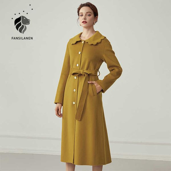 Fansilanen Желтый элегантный длинный 100% шерстяные пальто женские ремень смешанные кашемировые зимние платье женские шерстяные негабаритные куртки 210607