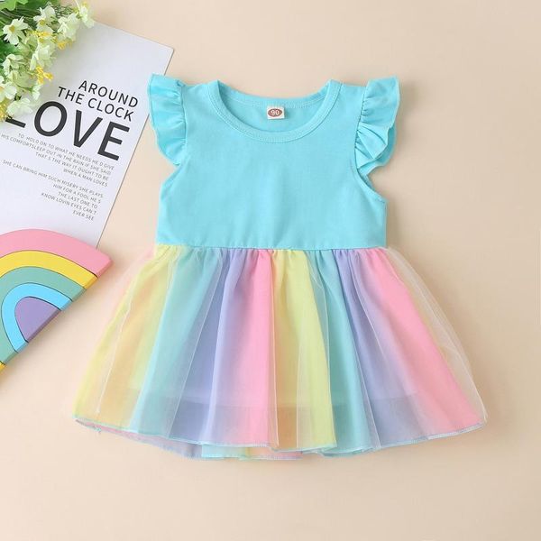 

clothing sets toddler baby girls sleeveless multicolor rainbow ruffle tulle dress clothes short sleeve summer casual girl 2021, White