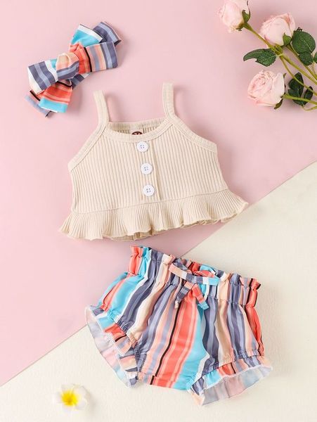 

baby fake button ruffle hem cami & colorful striped bow shorts & headband she, White