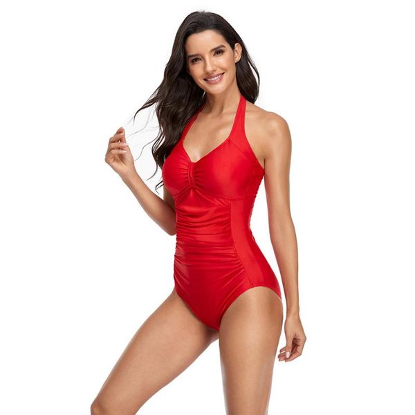 

2021 women's swimsuit one-piece draw pleats solid color bikini surf swimsuit beach wear big red yellow black