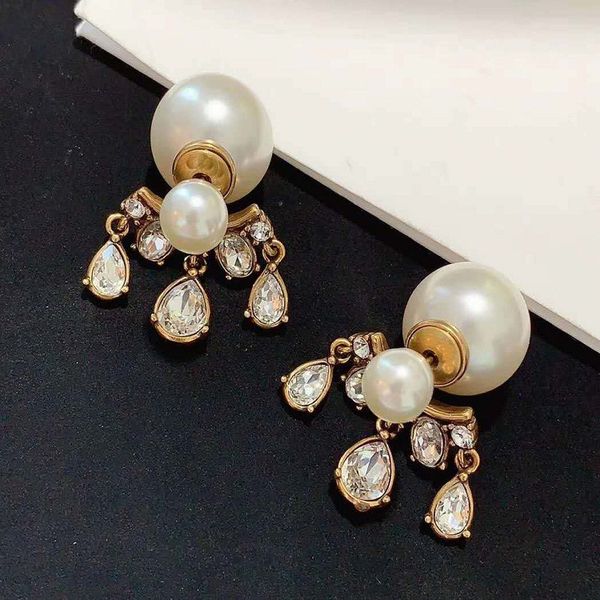 

dijia d's new pearl rhinestone tassel fashion temperament earrings brass high-grade personality, Golden
