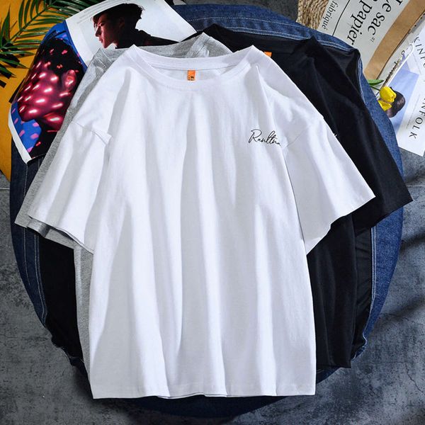 

combed cotton round neck bottomed t-shirt with loose shoulder, large size, korean fashion letter printed short sleeve for men and women, White;black