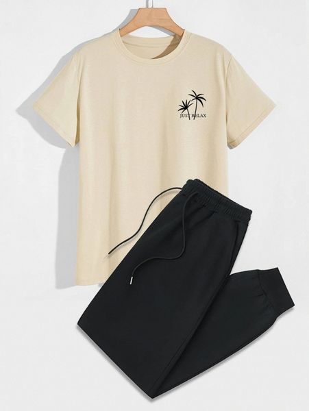 

romwe guys tree letter graphic tee & drawstring sweatpants g8up#, Gray