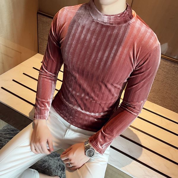 Стильные розовые водолазки велюрут футболки модный полосатый бархатный пуловер мужской тонкий подходит зима топы необычные одежды для мужчин мода