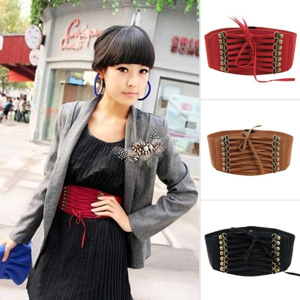 

belts ladies medieval retro waist belt pu leather with rivet elegant wide elastic buckle waistbend corset, Black;brown