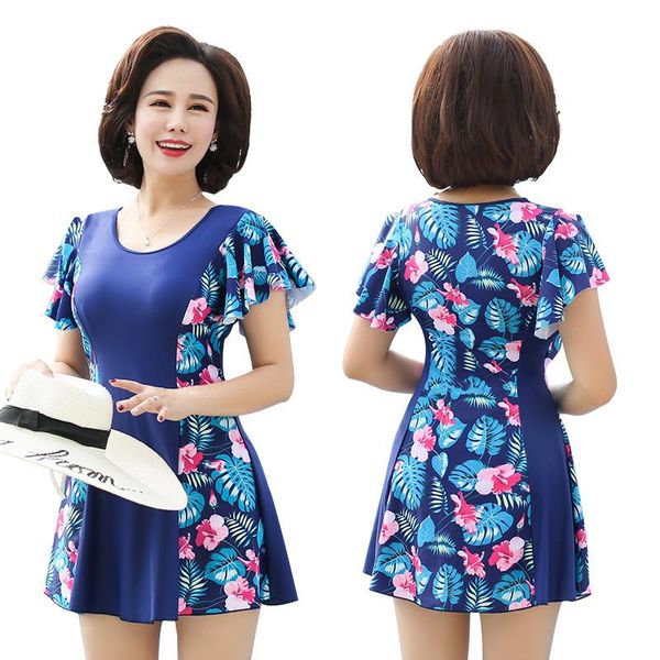 

[nodelay] two pieces swimsuit skirt swimwear women beachwear floral printed bathing suit 2021 plus size mothers spa swim suit