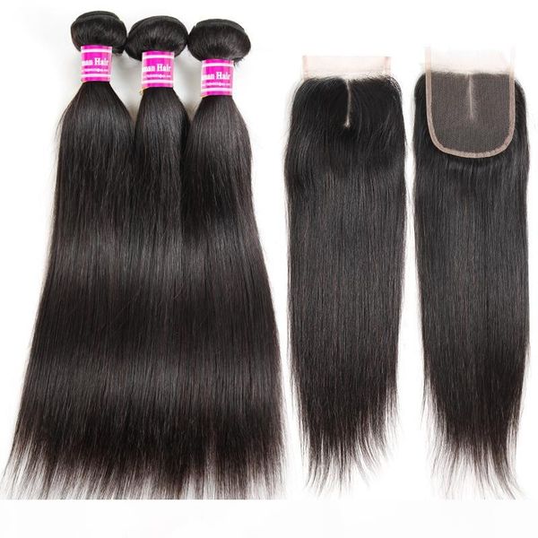

10a brazilian straight with closure human hair wefts with 4x4 closure 3 bundles virgin hair with closure unprocessed human hair weaves, Black;brown
