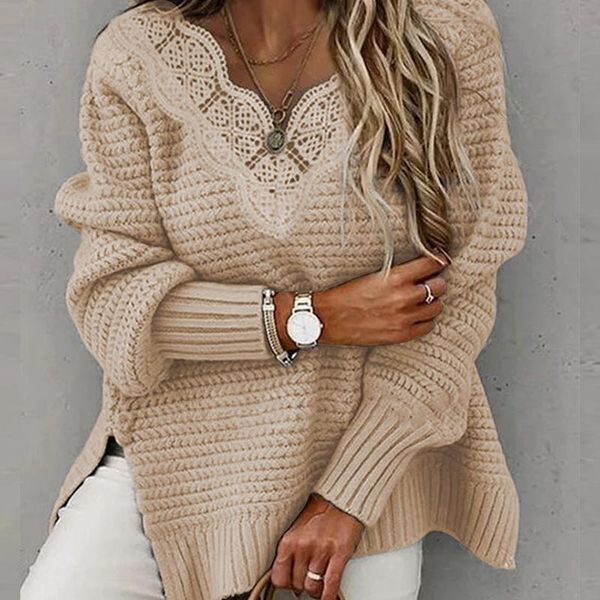 

women's sweaters casual long sleeve lady oversize 2021 autumn winter v neck patchwork lace solid color knitted sweater pullover, White;black