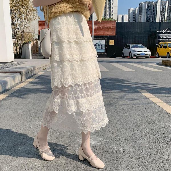 

skirts mid length women's high waist one step with lace skirt, Black