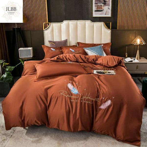 

bedding sets brown pink blue green gray soft silky feather embroidery set like silk duvet cover flat/fitted sheet pillowcases