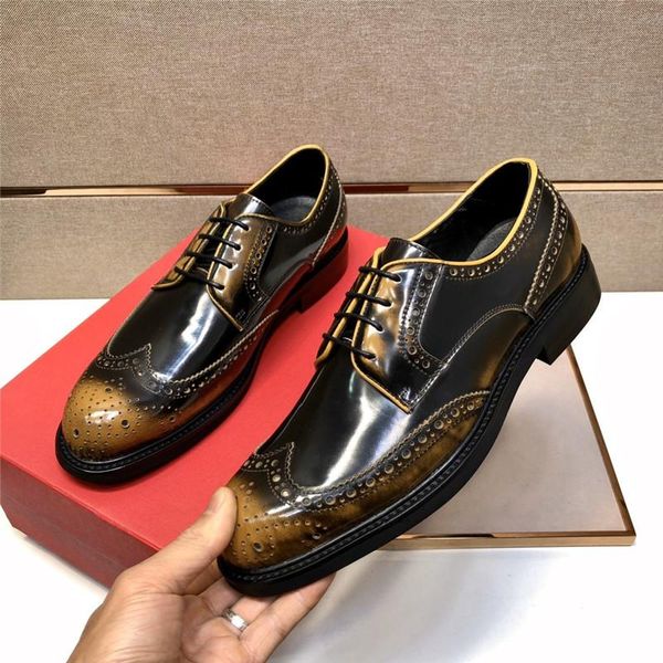 

dress shoes male shoe round toe lace up retro men patent genuine leather formal business solid color, Black