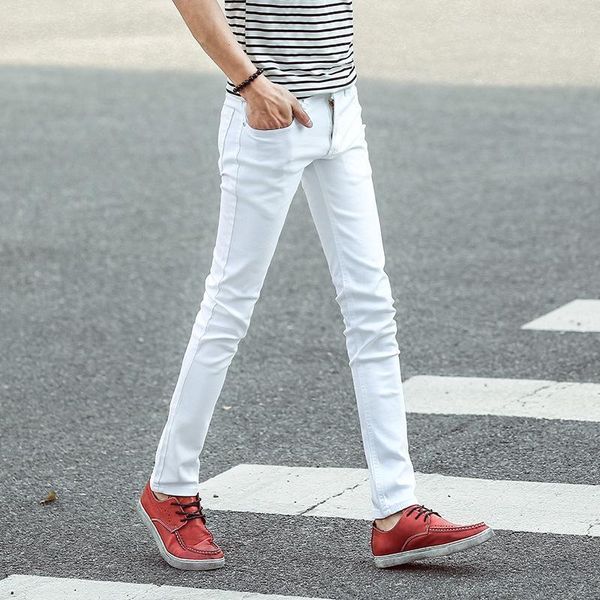 

spring summer fashion men casual solid colors stretch skinny jeans slim fit white straight pants plus size men's, Blue