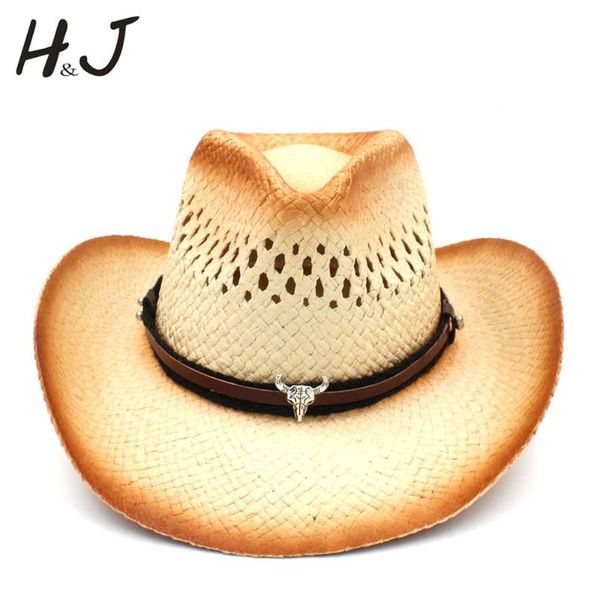 

stingy brim hats 2021 women men sun hat with punk bull head band straw lady dad beach sombrero cap mesh cowboy jazz size 58cm, Blue;gray