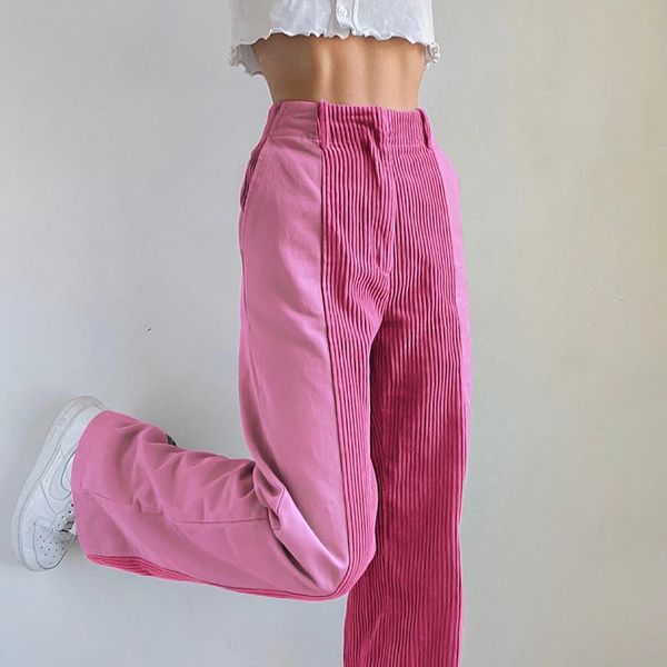 

y2k pink corduroy pants women patchwork streetwear women trousers for women aesthetic high waist straight pants, Black;white