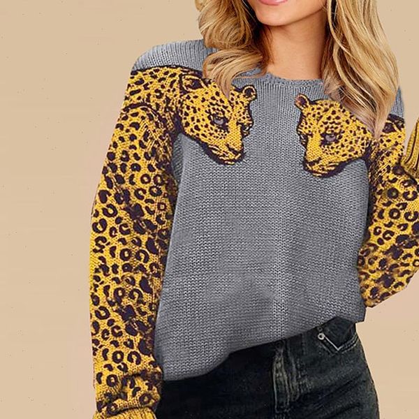 

leopard printed sweater women autumn animal print patchwork o neck long sleeve pullover loose jumper sweater pull femme, White;black