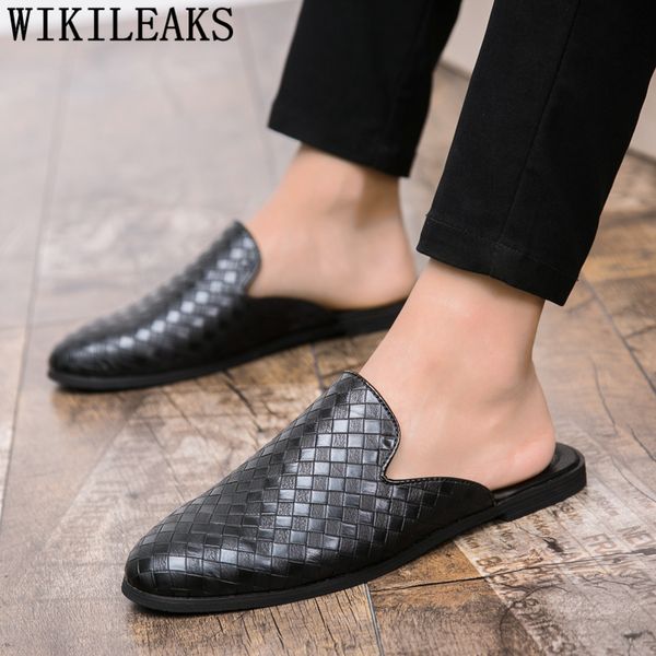 

woven leather famous brand shoes mens dress shoes leather mules men dress loafers wedding shoes men heren schoenen zapato hombre, Black