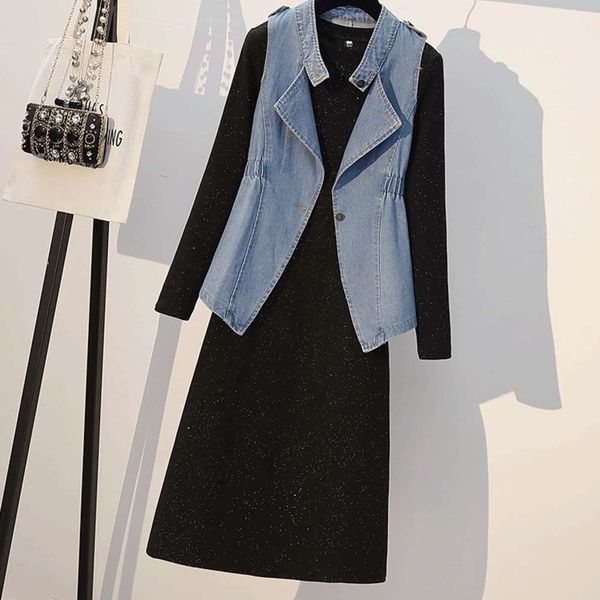 

temperament wear large girls women's fat fall 2020 two-piece slightly suit dress with age reducing and slim waistcoat hot, Black;gray