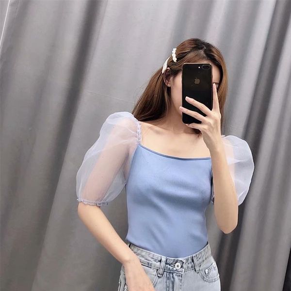 

2021 summer new women square collar off shoulder clavicle fluffy short sleeved stitching thin knitted drop shipping, White