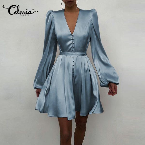 

casual dresses celmia elegant satin dress women party short mini long sleeve bandage waist wrap sundress solid plus size vestido, Black;gray