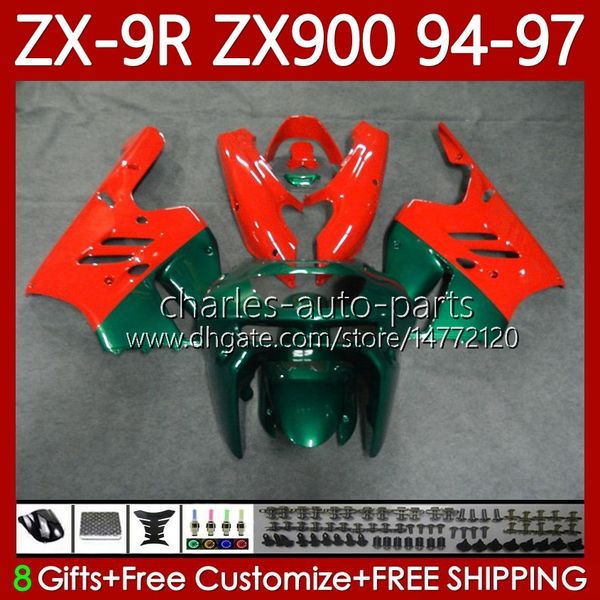Kit de carroçaria para Kawasaki Ninja ZX-9R ZX900 ZX 9R 9 R 900 CC 1994-1997 Bodys 100no.21 ZX9 R 900cc ZX-900 ZX9R 94 95 96 97 ZX900C 1994 1995 1996 1997 OEM Fairing Verde Vermelho Pérola Verde