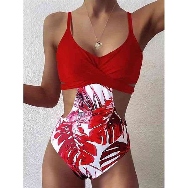 

women's swimwear women swimsuit leaf printed patchwork cross bandage beachwear s~xl neou, White;black