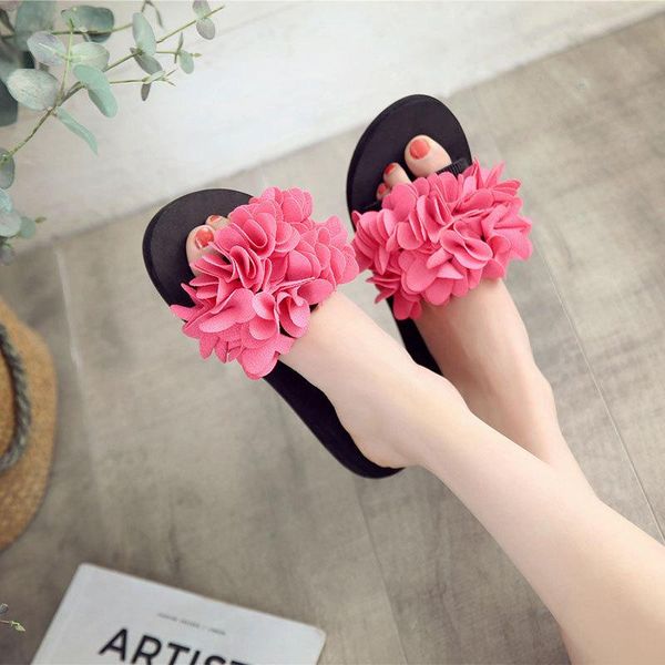 

slippers girl summer beach wear flower camellia cool students one word, Black