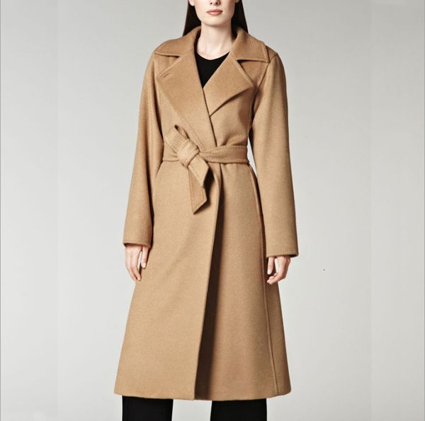 

women fashion cashmere outerwear long wool cashmere womens coat with belted coat jackets with split woman wool coat, Black