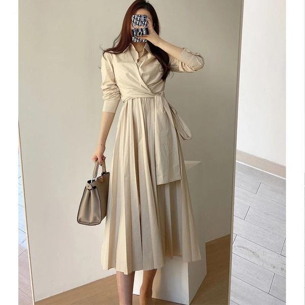 

casual dresses minimalist french elegant lace up mid length dress women white pleated long sleeve a-line shirts vestidos mujer, Black;gray