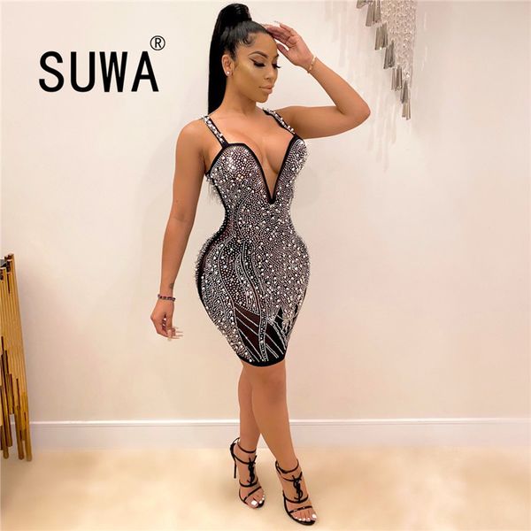 

sequins retro dress sundresses women es summer sleeveless deep v neck mini bodycon evening party vestidos 210525, Black;gray