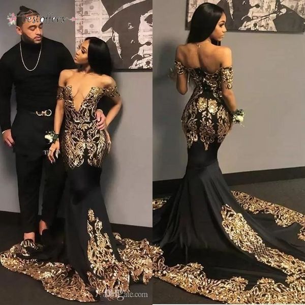 2022 Sexy afrikanische schwarze Ballkleider mit Goldapplikationen Pailletten V-Ausschnitt Kurzarm Meerjungfrau Partykleid Hofzug Abendkleider WHT0228