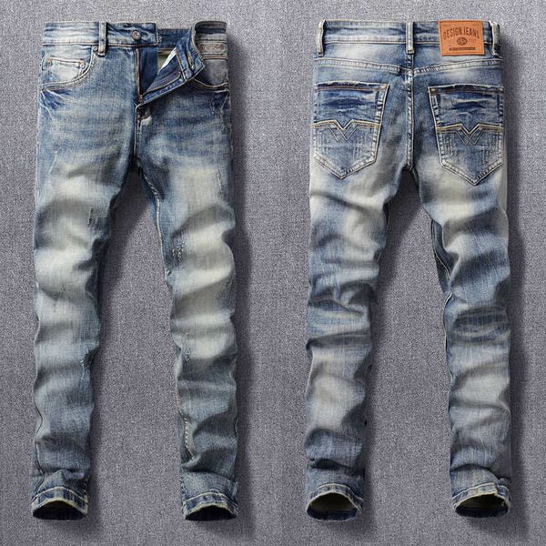 

european american fashion men jeans retro blue elastic slim ripped vintage designer casual denim pants qq8c
