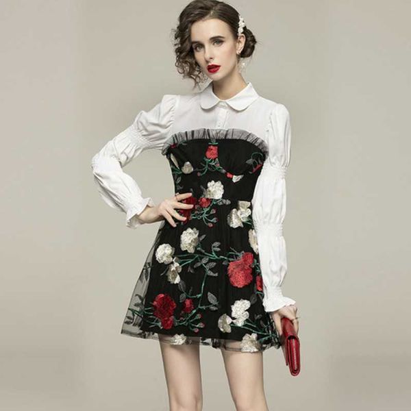 

fashion runway elegant puff sleeve mini dress women fake two-piece sweet flowers mesh patchwork party 210526, Black;gray