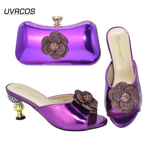 

dress shoes arrivals purple color italian matching and bag set with shinning crystal comfortable heels for garden party, Black