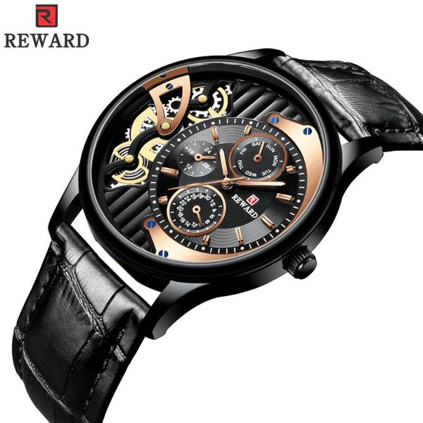 

wristwatches reward fashion sports mens watches waterproof dial leather band watch men quartz clock relogio masculino, Slivery;brown