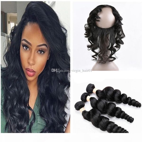 

loose wave pre plucked 360 lace frontal closure with bundles loose deep wave 360 closure with bundles malaysian virgin hair 4pcs lot, Black;brown