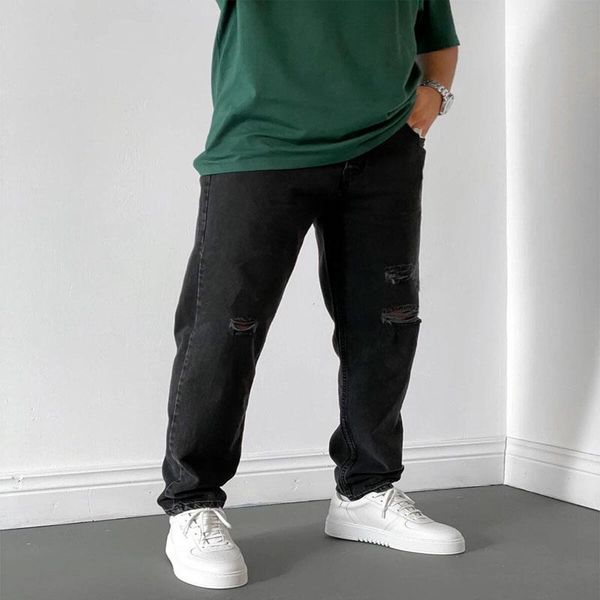 

men's jeans european casual ripped straight pants, Blue