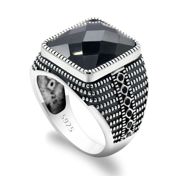 

cluster rings men ring with rectangle black cubic zircon real 925 sterling silver cool vintage turkish male punk jewelry gift, Golden;silver
