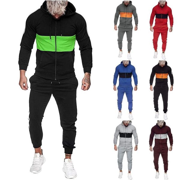 

jogging clothing 2 pieces sets tracksuit men brand autumn winter hooded sweatshirt +drawstring pants male stripe patchwork hoodies#f3, Black;red