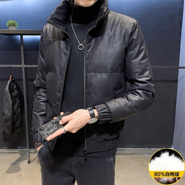 

short men's warm winter down jacket with white down collar, Black