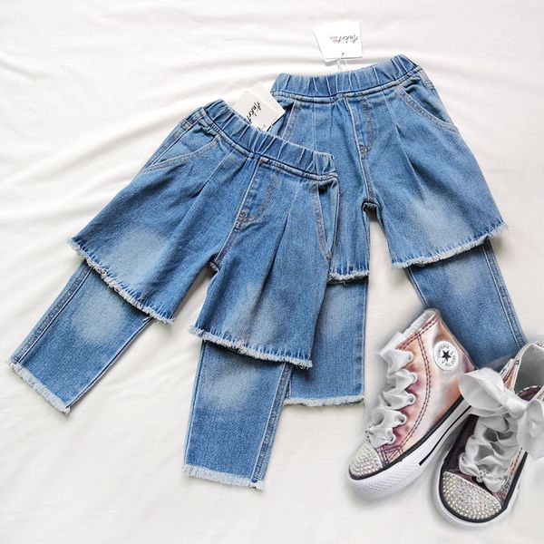 

2021 new arrive kids fake two pieces pants baby girls hole jeans fashion boys clothes casual trousers children toddler warm leggings wqup, Blue