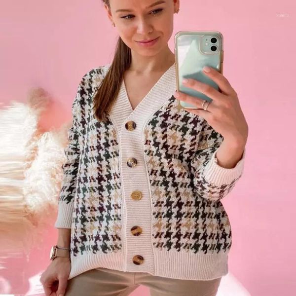 

women's knits & tees sweater autumn plaid knitted jacket korean cardigan long section loose lazy, White